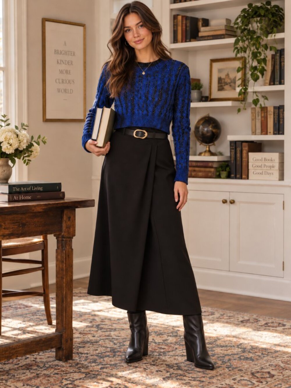 Superdown XS Metallic Cobalt Blue Black Cable Knit Cropped Sweater